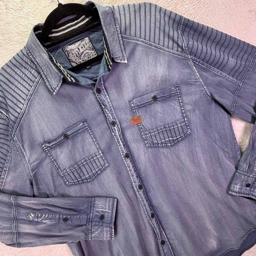 Affliction Mens Shirt 2XL Blue Gray Motors Biker Embroidered Ribbed Button Down